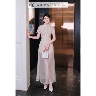 Đầm Ren Thiết Kế Cao Cấp La Rosa Thiết Kế Cổ Sơ Mi Thanh Lịch Phối Chân Váy Tơ Xuyên Thấu V1476