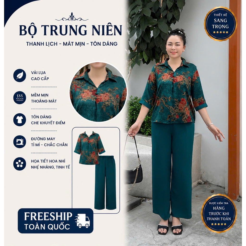 Y28 Đồ bộ trung niên quần dài lụa Latin  cao cấp mịn mướt, sang trọng , phù hợp cho quý cô đi ra ngoài