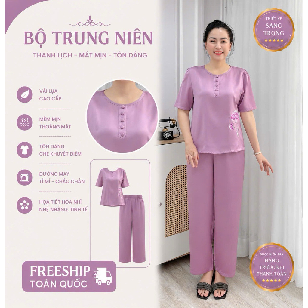 Y20 Đồ bộ trung niên lụa Ngọc trai cao cấp thêu hoa tú cầu sang , dễ mặc thoáng mát size 45-80kg