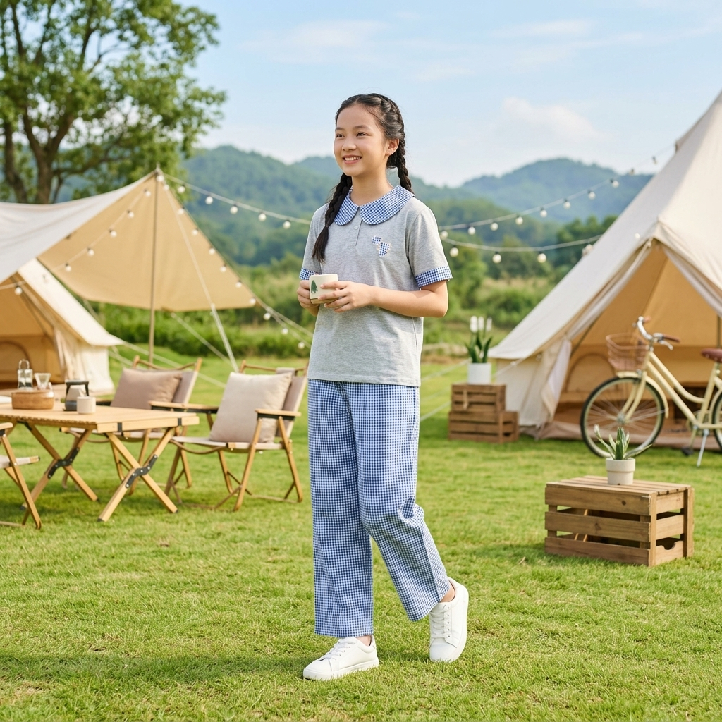 Set áo cổ sen phối quần kẻ cho bé gái size đại BEESHOP H26096
