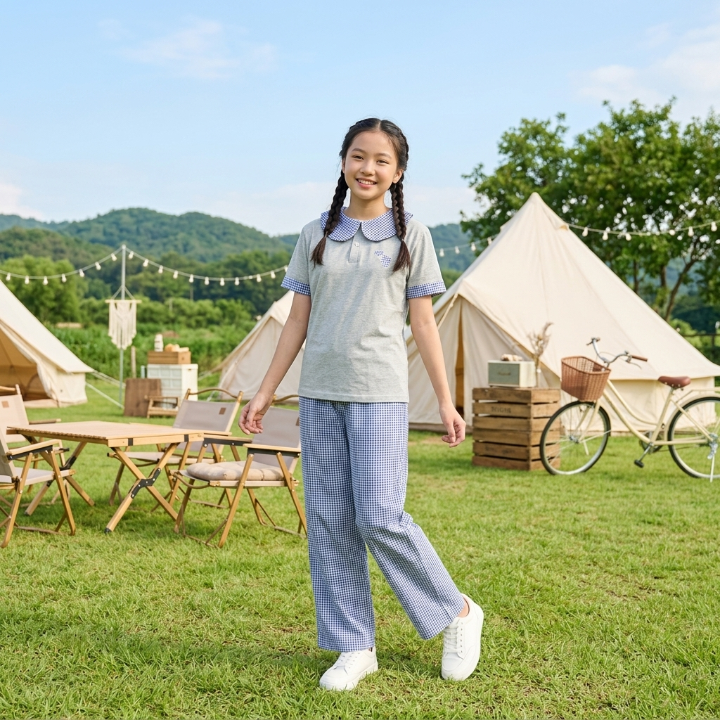 Set áo cổ sen phối quần kẻ cho bé gái size đại BEESHOP H26096