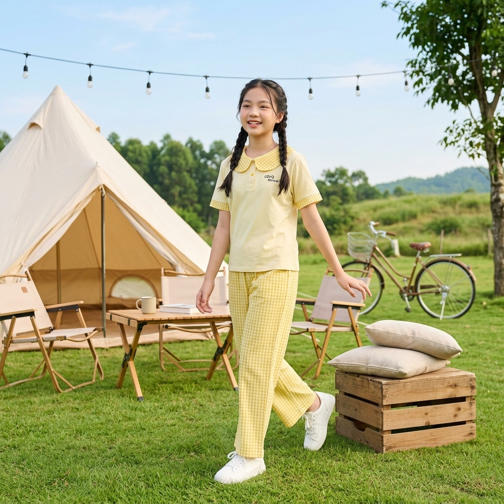 Set áo cổ sen phối quần kẻ cho bé gái size đại BEESHOP H26096