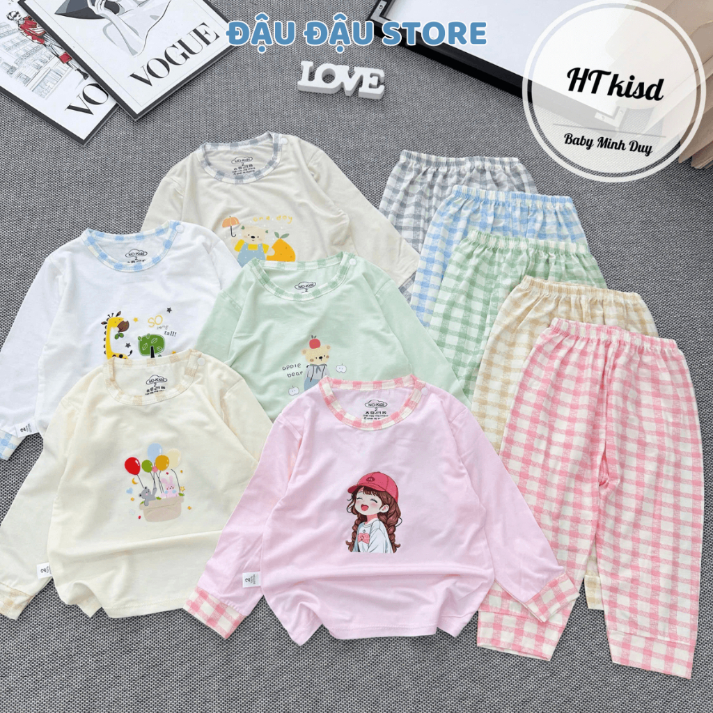 Set 2/3 bộ dài tay thun petit cài vai in hoạ tiết mềm mịn cho bé trai bé gái 4-14kg MV-DL26 Đậu Đậu Store