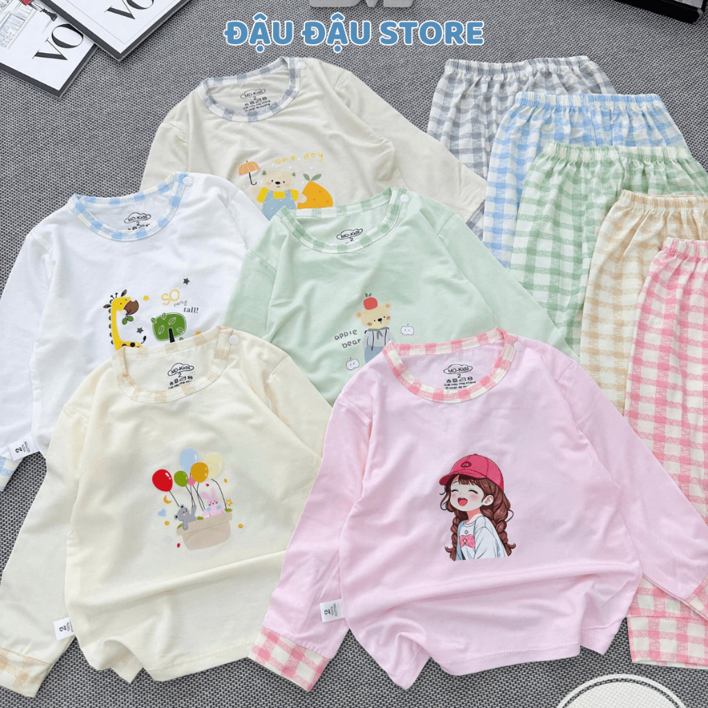 Set 2/3 bộ dài tay thun petit cài vai in hoạ tiết mềm mịn cho bé trai bé gái 4-14kg MV-DL26 Đậu Đậu Store