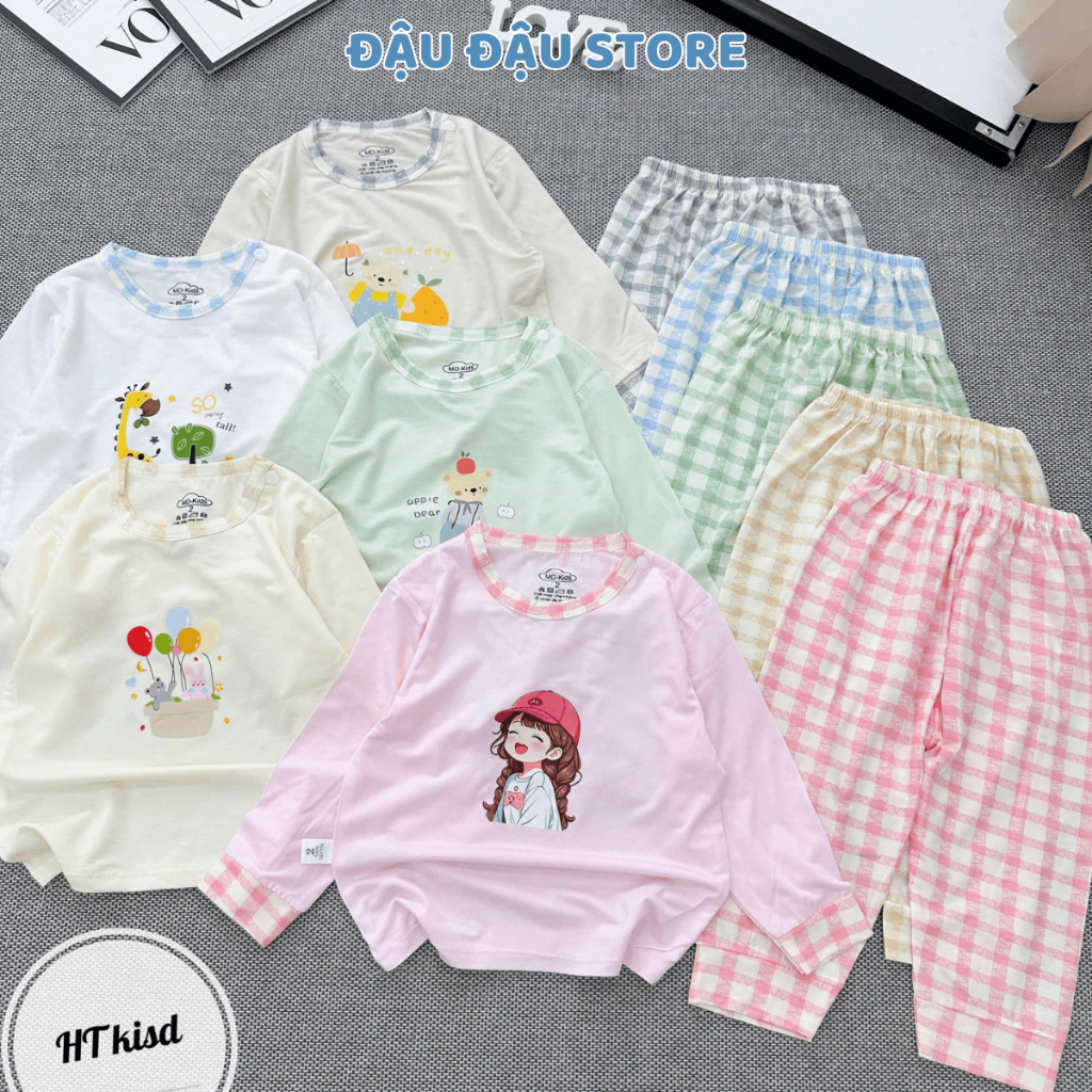 Set 2/3 bộ dài tay thun petit cài vai in hoạ tiết mềm mịn cho bé trai bé gái 4-14kg MV-DL26 Đậu Đậu Store