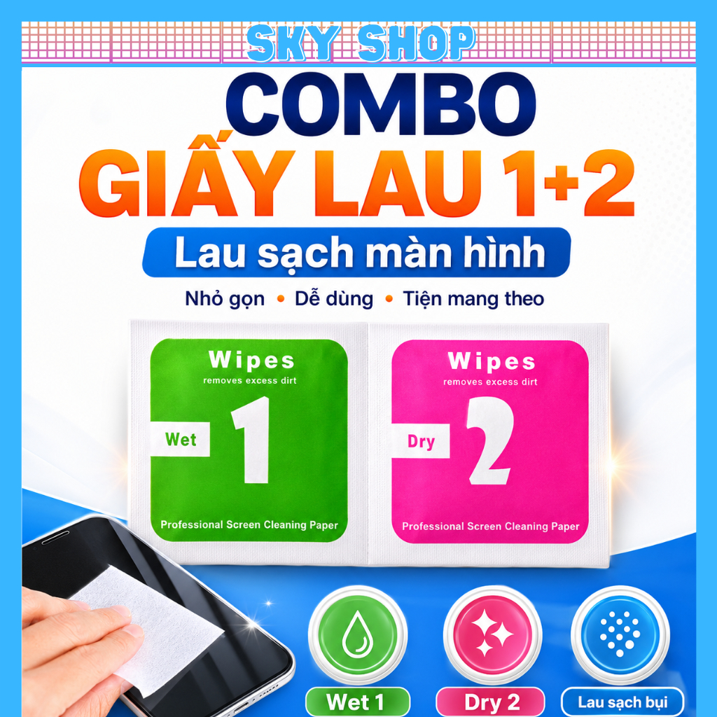 Khăn lau 1 và 2 mếng lau vệ sinh màn hình điện thoại