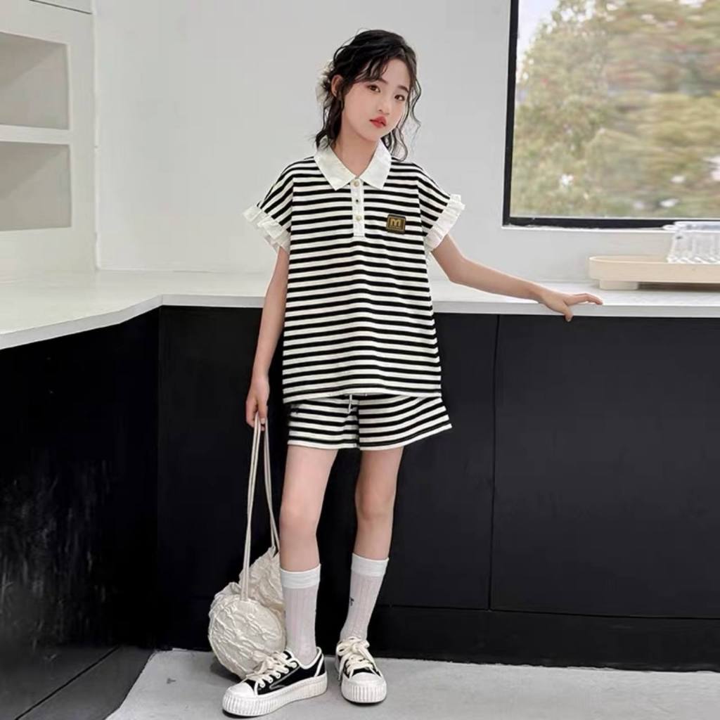 Set áo kẻ polo phối bèo cho bé gái size đại BEESHOP H26098
