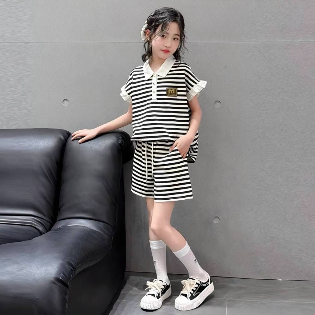 Set áo kẻ polo phối bèo cho bé gái size đại BEESHOP H26098