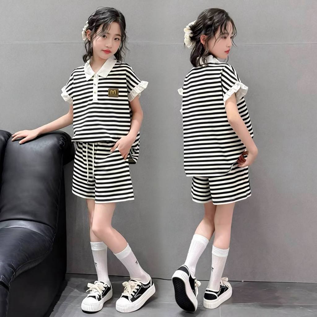 Set áo kẻ polo phối bèo cho bé gái size đại BEESHOP H26098