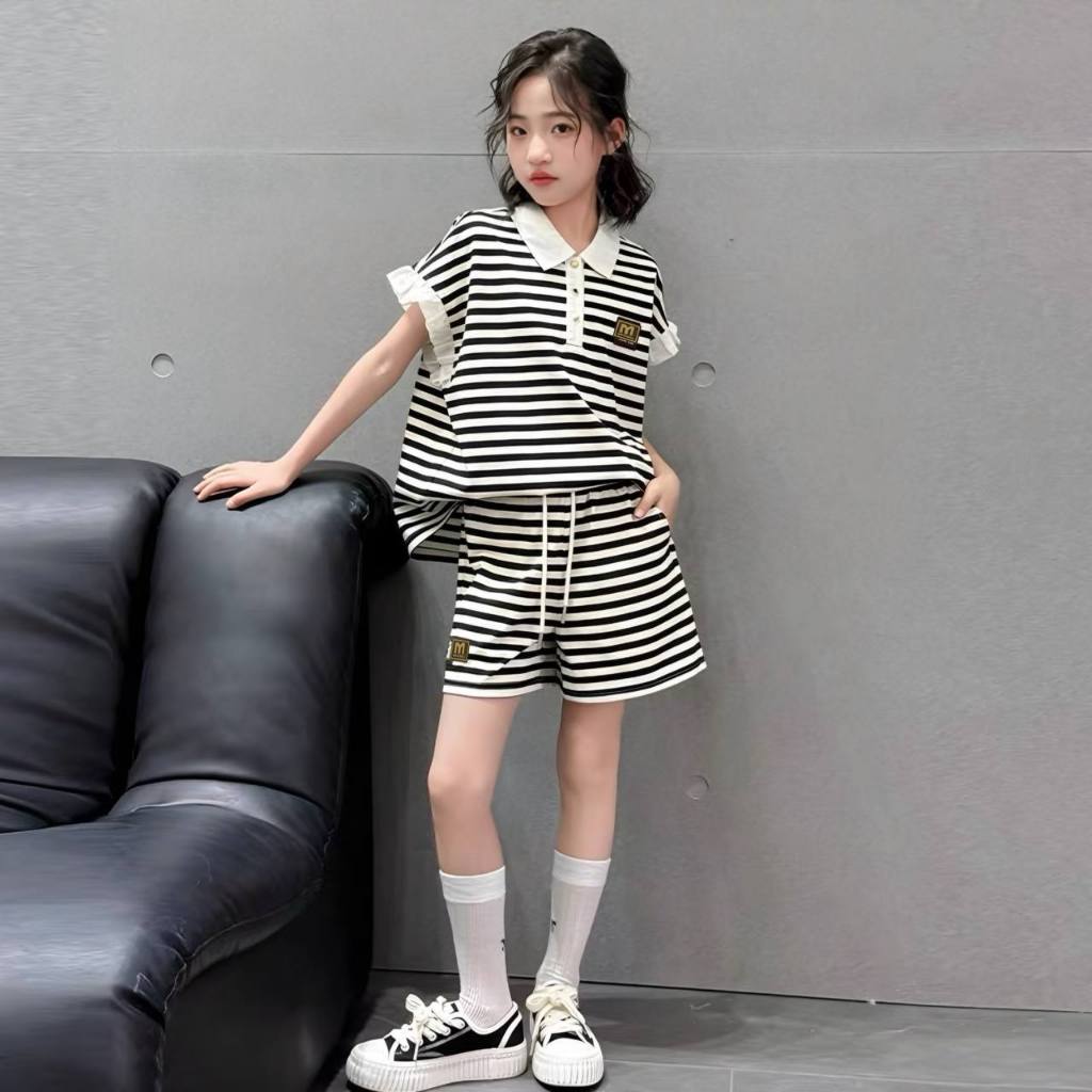 Set áo kẻ polo phối bèo cho bé gái size đại BEESHOP H26098