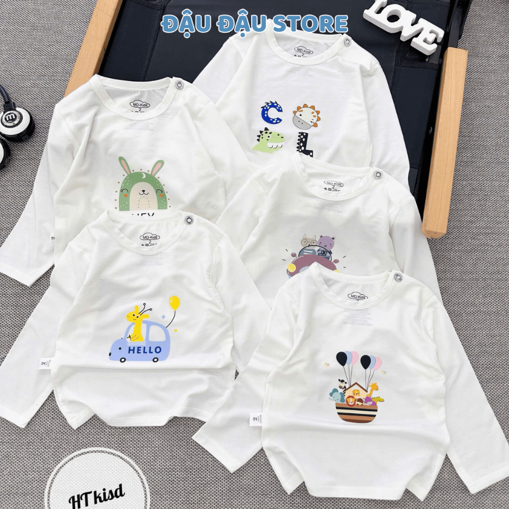 Set 3-5 áo dài tay thun lạnh petit cài vai  cho bé 4-14kg phối màu mềm mịn mát in hoạ tiết  MV - AL18 Đậu Đậu Store