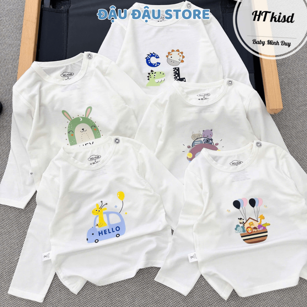Set 3-5 áo dài tay thun lạnh petit cài vai  cho bé 4-14kg phối màu mềm mịn mát in hoạ tiết  MV - AL18 Đậu Đậu Store