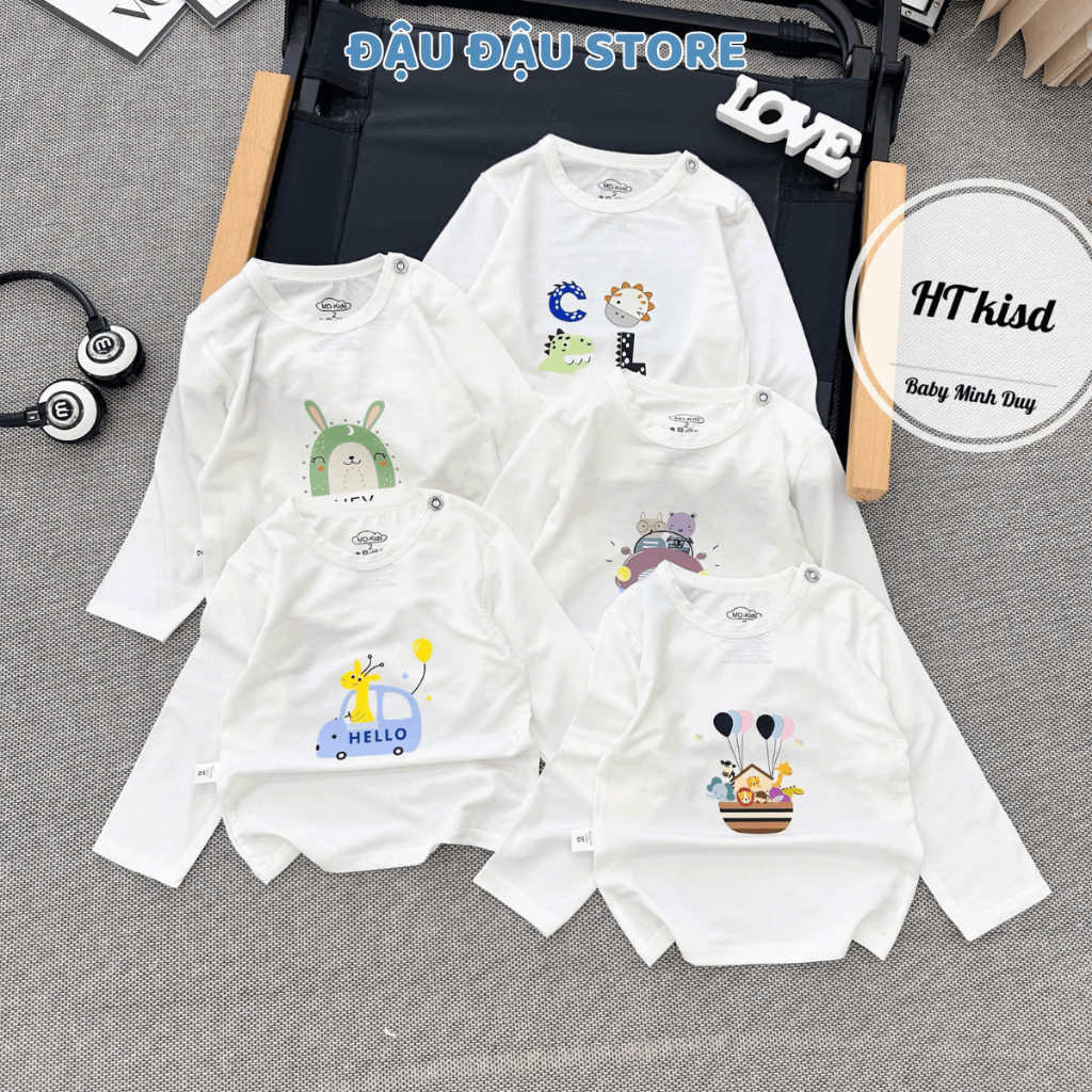 Set 3-5 áo dài tay thun lạnh petit cài vai  cho bé 4-14kg phối màu mềm mịn mát in hoạ tiết  MV - AL18 Đậu Đậu Store