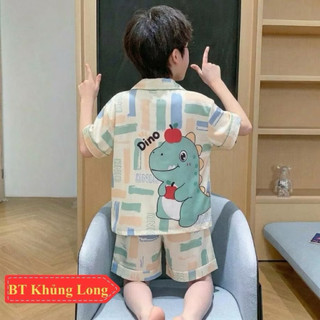 Bộ đồ ngủ lụa trẻ em cao cấp - Bộ bé trai mùa hè ngắn tay hoạ tiết dễ thương cho bé trai