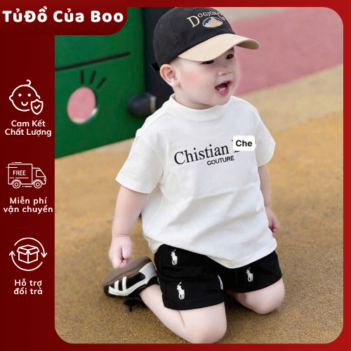 Bộ Đồ Bé Trai Cotton Cao Cấp CD,Áo Thun Trắng+Quần Short Đen,Set Quần Áo Bé Trai Mùa Hè 7-17kg A41