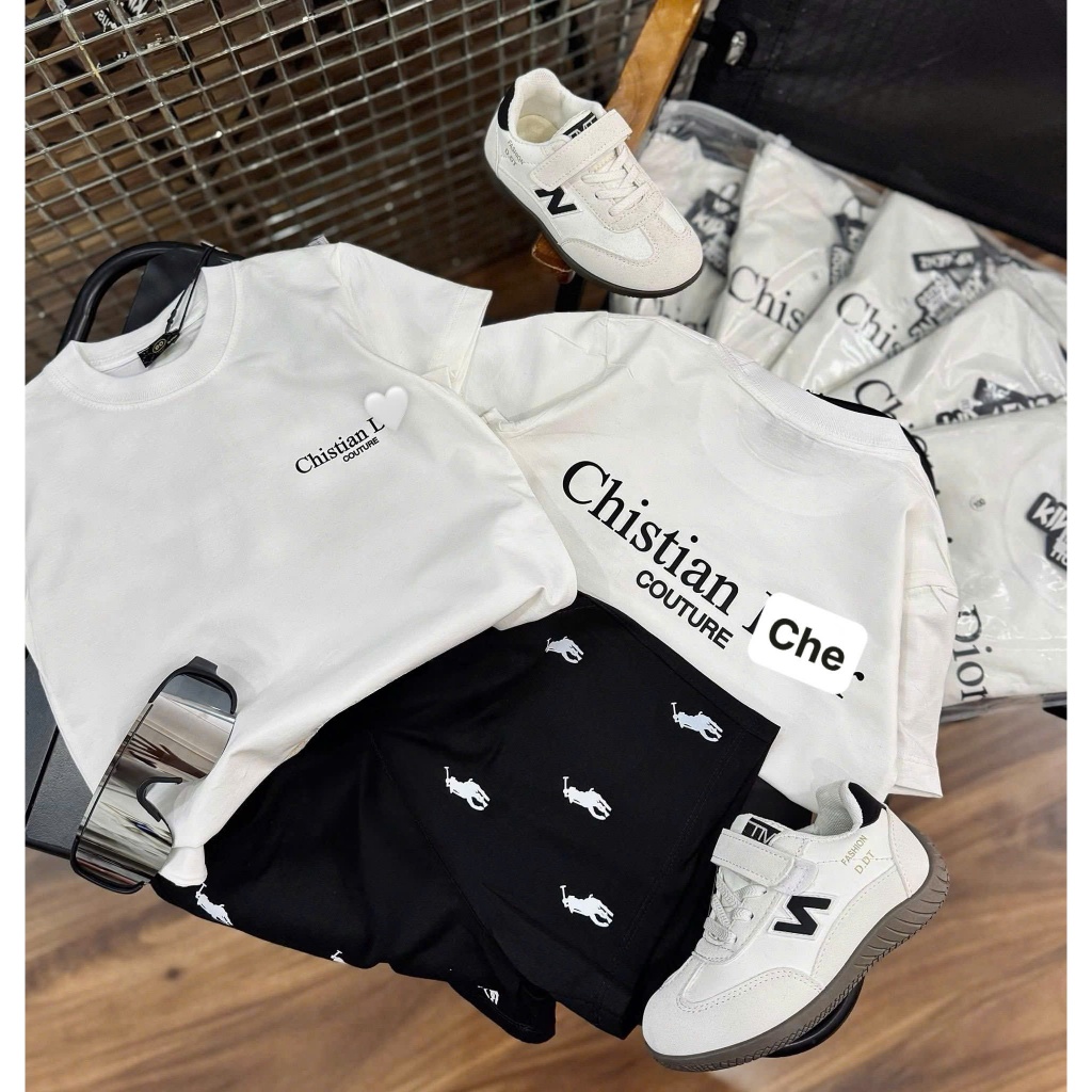 Bộ Đồ Bé Trai Cotton Cao Cấp CD,Áo Thun Trắng+Quần Short Đen,Set Quần Áo Bé Trai Mùa Hè 7-17kg A41