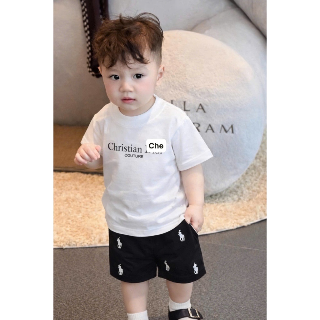 Bộ Đồ Bé Trai Cotton Cao Cấp CD,Áo Thun Trắng+Quần Short Đen,Set Quần Áo Bé Trai Mùa Hè 7-17kg A41