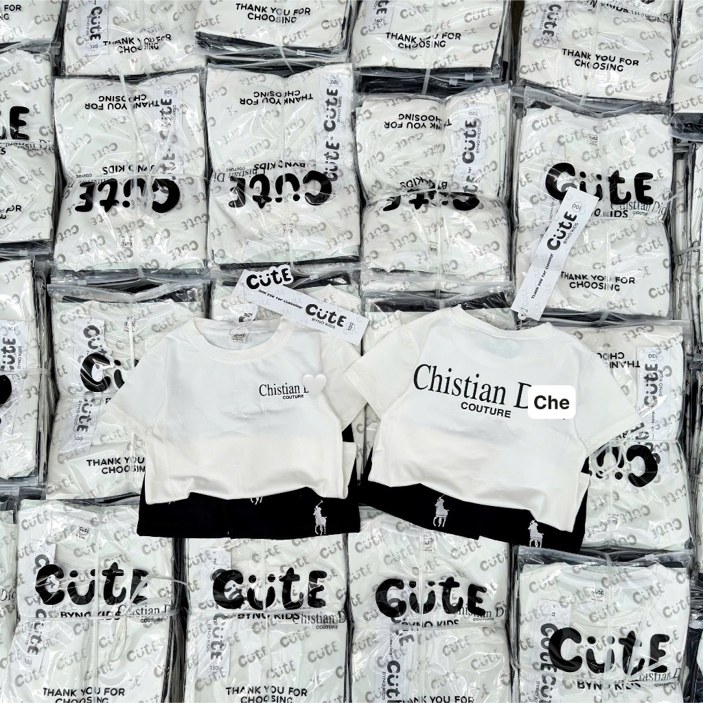 Bộ Đồ Bé Trai Cotton Cao Cấp CD,Áo Thun Trắng+Quần Short Đen,Set Quần Áo Bé Trai Mùa Hè 7-17kg A41