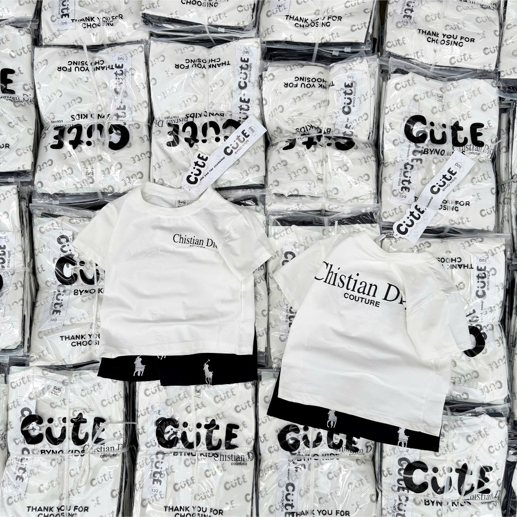 Bộ Đồ Bé Trai Cotton Cao Cấp CD,Áo Thun Trắng+Quần Short Đen,Set Quần Áo Bé Trai Mùa Hè 7-17kg A41