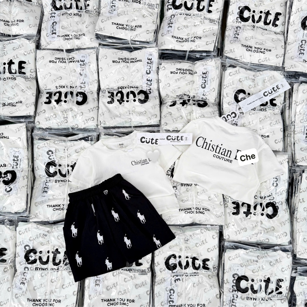 Bộ Đồ Bé Trai Cotton Cao Cấp CD,Áo Thun Trắng+Quần Short Đen,Set Quần Áo Bé Trai Mùa Hè 7-17kg A41