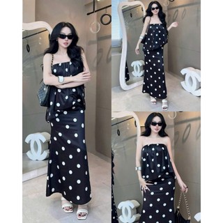 Set váy thời trang nữ sang trọng chất cotton lạnh thiết kế chấm bi cúp ngực phối váy maxi suông dài tôn dáng