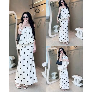 Set váy thời trang nữ sang trọng chất cotton lạnh thiết kế chấm bi cúp ngực phối váy maxi suông dài tôn dáng