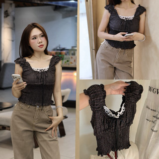 𝐏𝐡𝐢𝐞𝐧 𝐖𝐆𝐖𝐄 | (Sẵn) w9096 Áo Kiểu Trễ Vai Bo Chun Nhỏ Hoạ Tiết Kẻ Caro