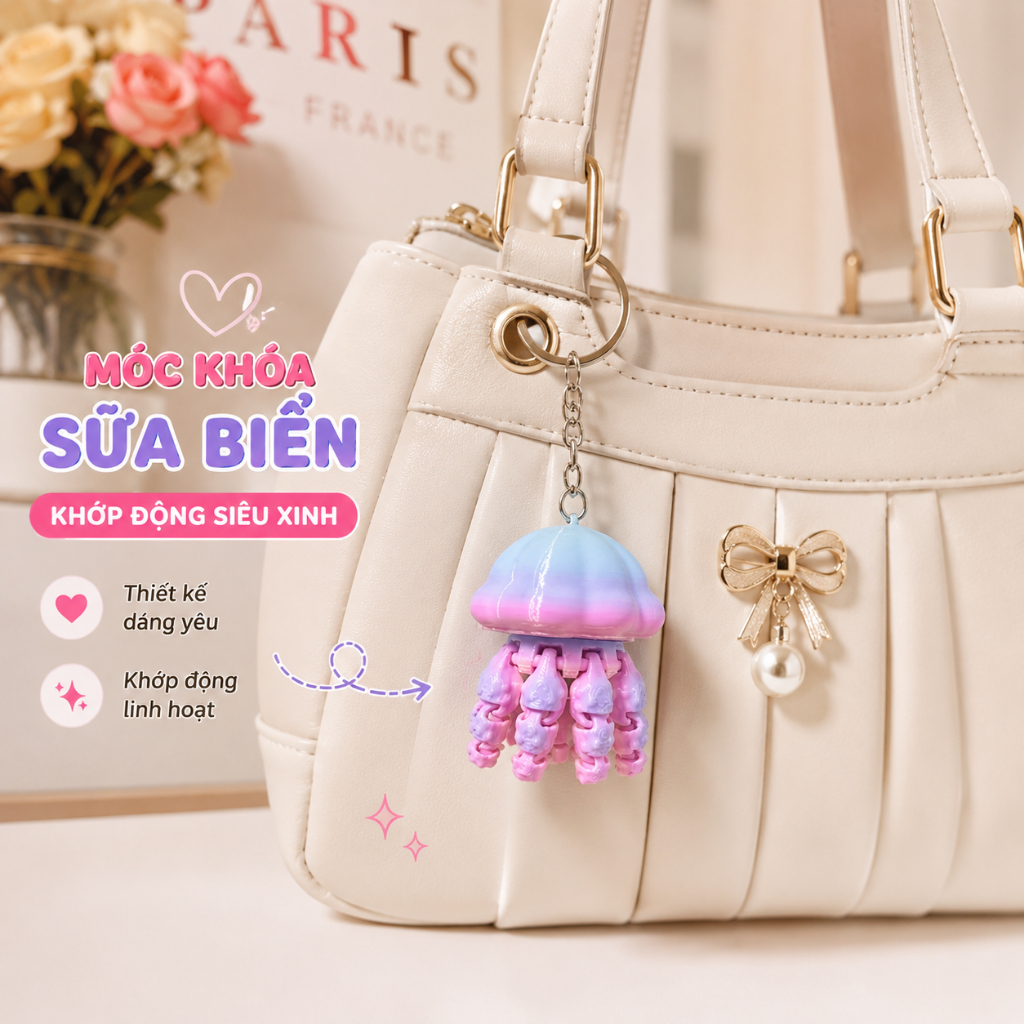 Móc Khóa Sứa Biển 3D Khớp Động Dễ Thương – Quà Tặng Cute - Phụ Kiện Trang Trí Balo, Túi Xách Độc Đáo