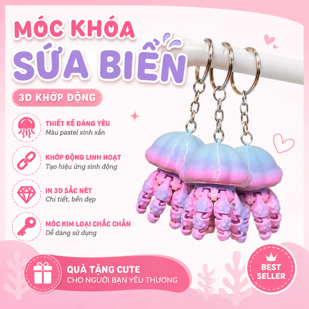 Móc Khóa Sứa Biển 3D Khớp Động Dễ Thương – Quà Tặng Cute - Phụ Kiện Trang Trí Balo, Túi Xách Độc Đáo