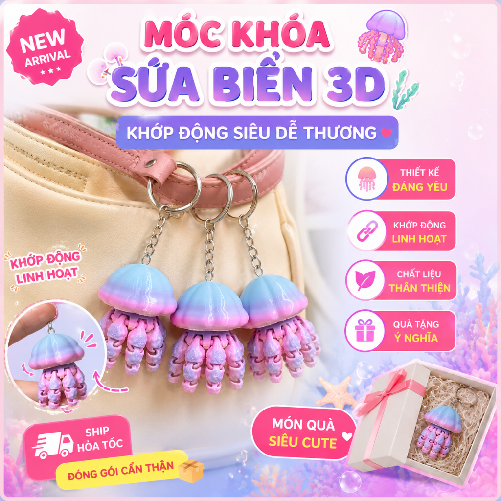 Móc Khóa Sứa Biển 3D Khớp Động Dễ Thương – Quà Tặng Cute - Phụ Kiện Trang Trí Balo, Túi Xách Độc Đáo