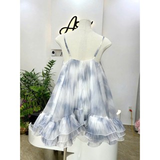 Đầm thời trang nữ diện đi biển chất tơ in 3D loang màu thiết kế 2 dây mảnh cổ vuông váy mini xòe viền bèo