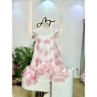 Đầm thời trang nữ diện đi biển chất tơ in 3D loang màu thiết kế 2 dây mảnh cổ vuông váy mini xòe viền bèo