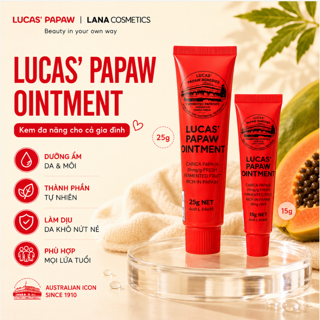 Kem đu đủ đa năng Lucas Papaw Ointment 15g / 75g – Dưỡng ẩm, làm dịu da, dùng cho môi & da khô