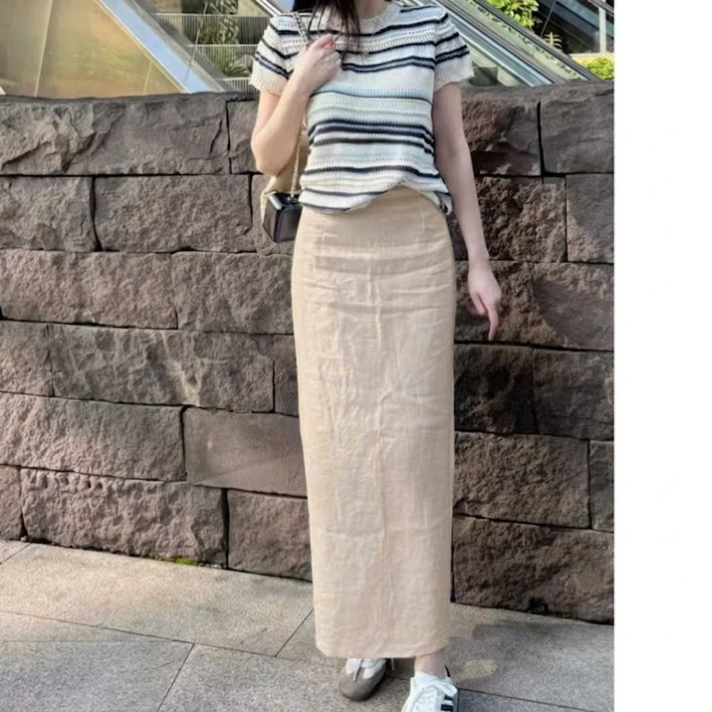 𝗘𝗹𝘀𝗮 𝗦𝗵𝗶𝗿𝘁- | BEELY| Chân váy Linen midi dáng bút chì 2 lớp