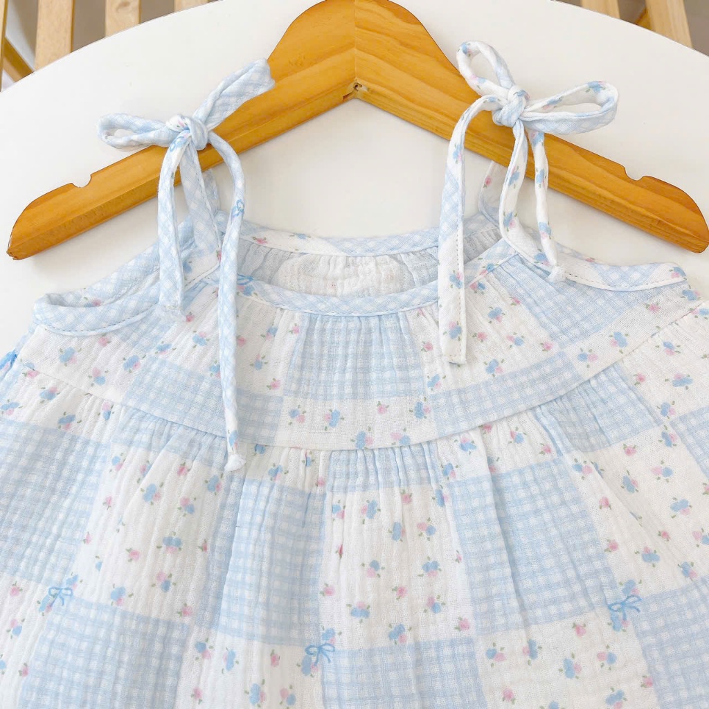 Bộ hai dây bé gái xô muslin XM03 Lá Homewear, đồ bộ mùa hè mát chấm bi
