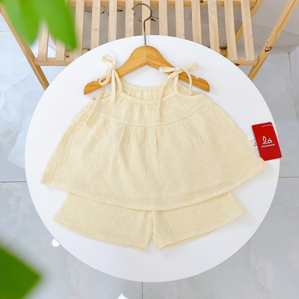 Bộ hai dây bé gái xô muslin XM03 Lá Homewear, đồ bộ mùa hè mát chấm bi