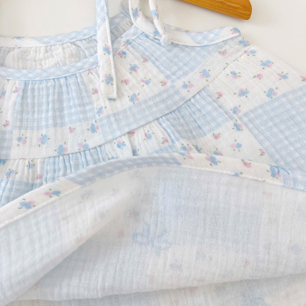 Bộ hai dây bé gái xô muslin XM03 Lá Homewear, đồ bộ mùa hè mát chấm bi