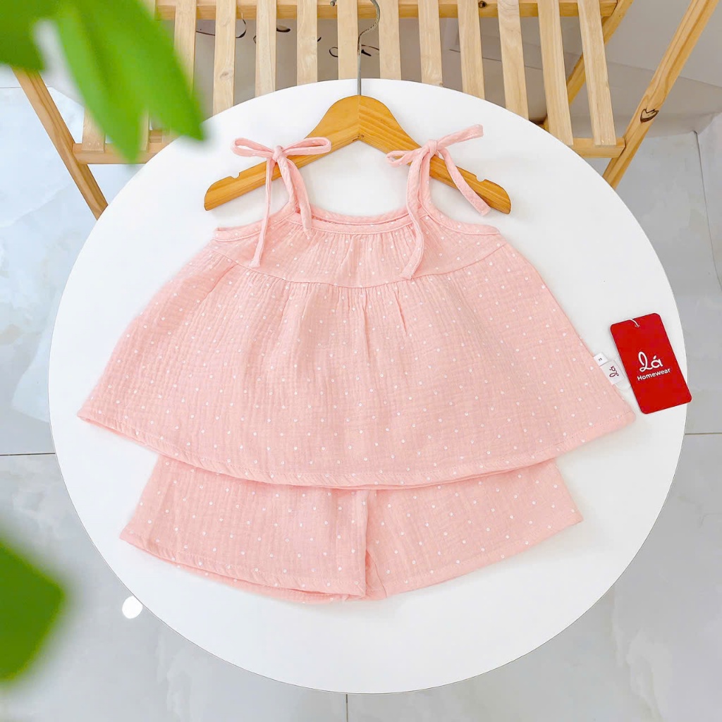 Bộ hai dây bé gái xô muslin XM03 Lá Homewear, đồ bộ mùa hè mát chấm bi