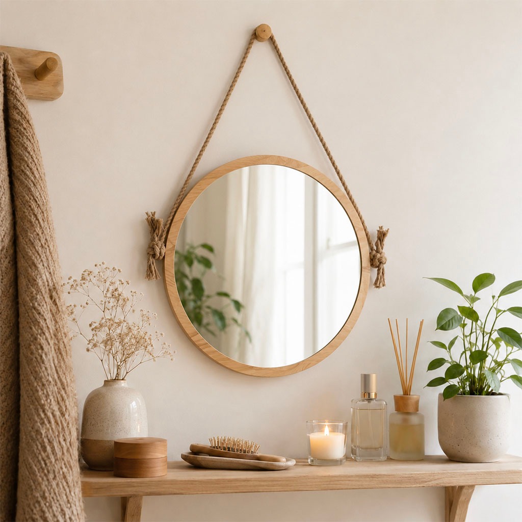 Gương soi nhà tắm tròn viền gỗ treo tường cao cấp D40- Gương tròn decor phòng tắm hoặc phòng ngủ