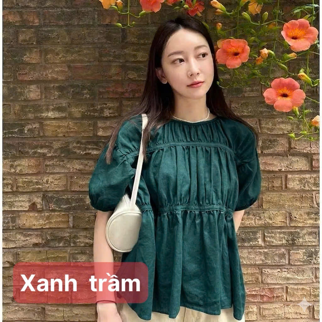 𝗣𝗶𝗻𝗲 -  Áo Linen tay phồng nhún babydoll