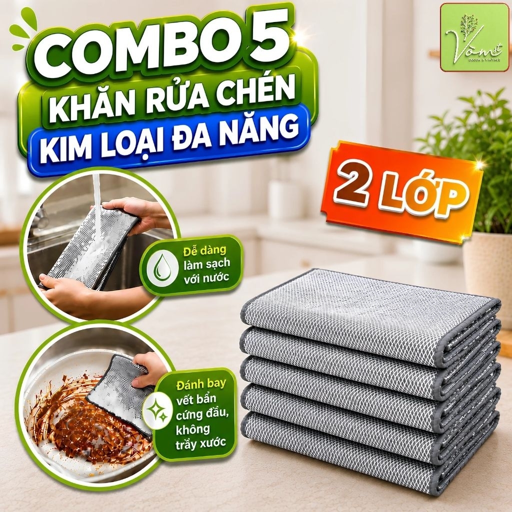 Combo Khăn Lưới Rửa Chén 2 LỚP Sợi Kim Loại Cao Cấp Vòm Decor – Cọ Rửa Đa Năng Sạch Dầu Mỡ, Dùng Cho Xoong Nồi Chảo