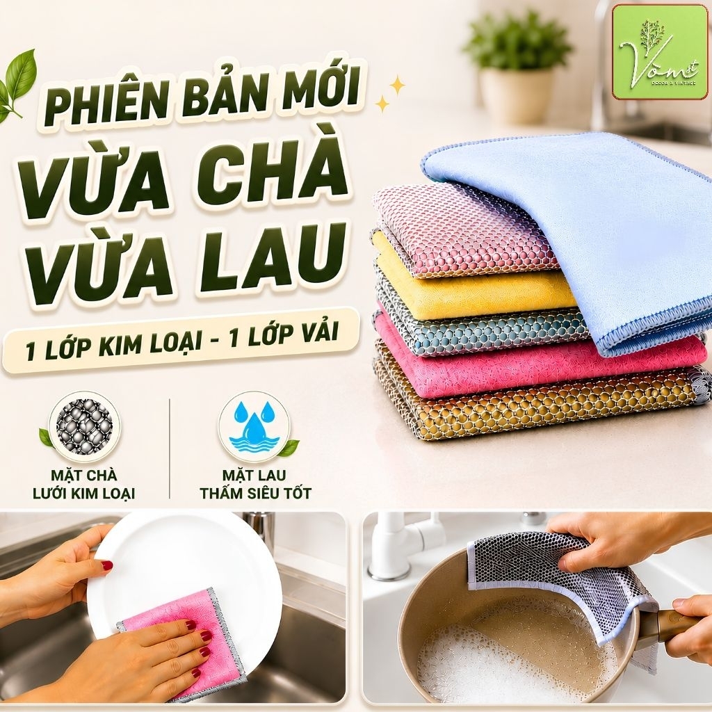 ( Combo ) Khăn Rửa Chén Vừa Lâu Vừa Chà - Lưới Kim Loại 2 Mặt Đa Năng - Vòm Decor - Chà Sạch Dầu Mỡ, Cho Xoong Nồi Chả