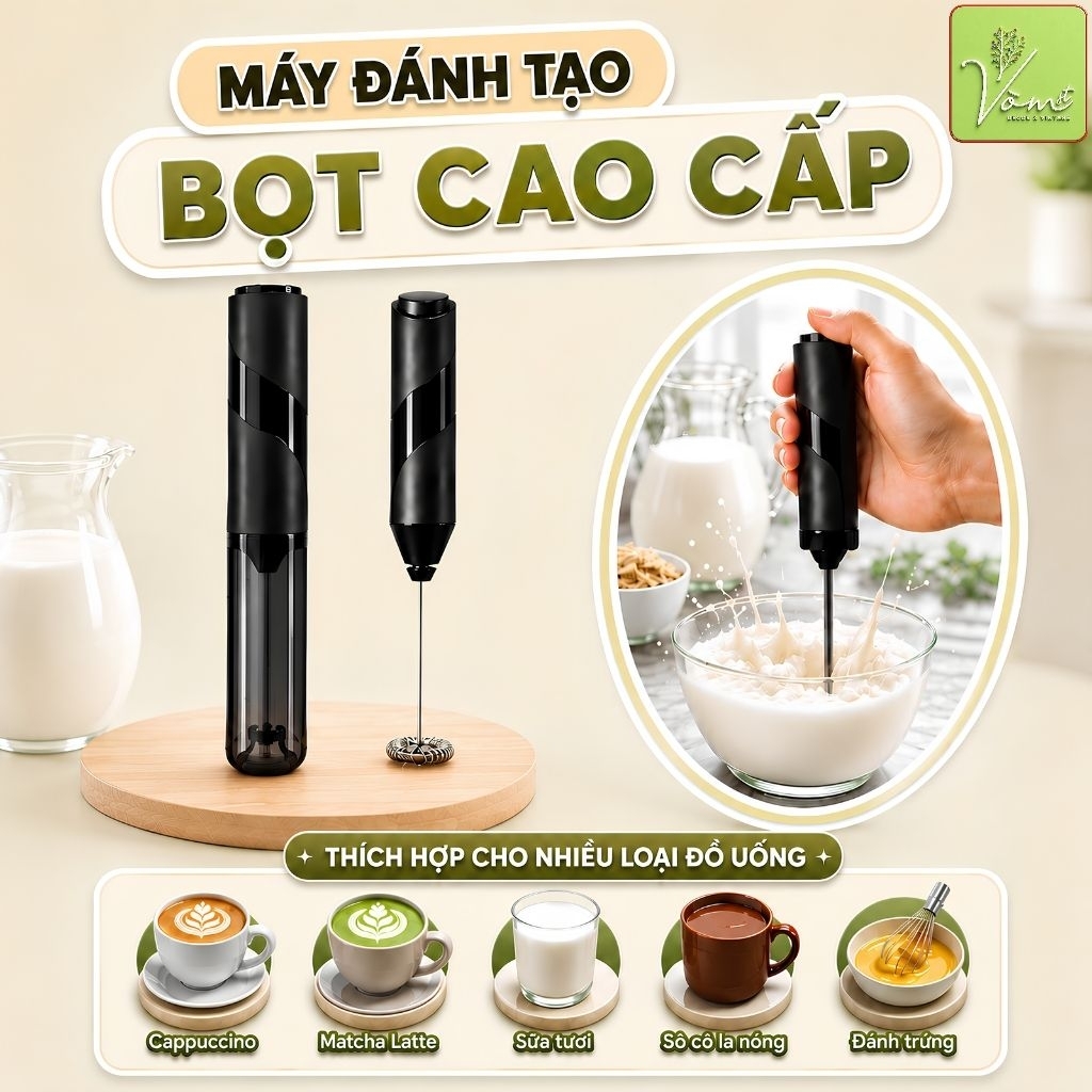 (CAO CẤP) Máy Đánh Bọt Sữa Cà Phê Mini Cầm Tay Vòm Decor Kèm Giá Đỡ, Đánh Trứng Dùng Pin, Inox 304 ABS – Mã M