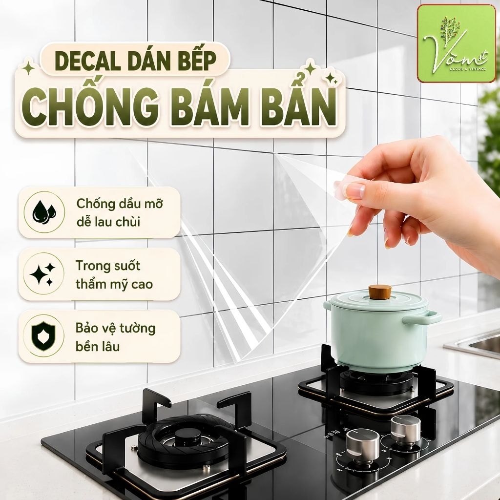 Decal dán bếp từ tính trong suốt Vòm Decor chống dầu mỡ bám bẩn chịu nhiệt không keo bảo vệ tường bếp dễ lau mã DCB