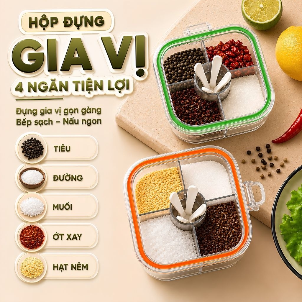 Hộp Đựng Gia Vị 4 Ngăn Trong Suốt VÒM DECOR – Nắp Đậy Kín Chống Ẩm, Giữ Gia Vị Sạch Sẽ, Hạn Chế Côn Trùng, Kèm Thìa