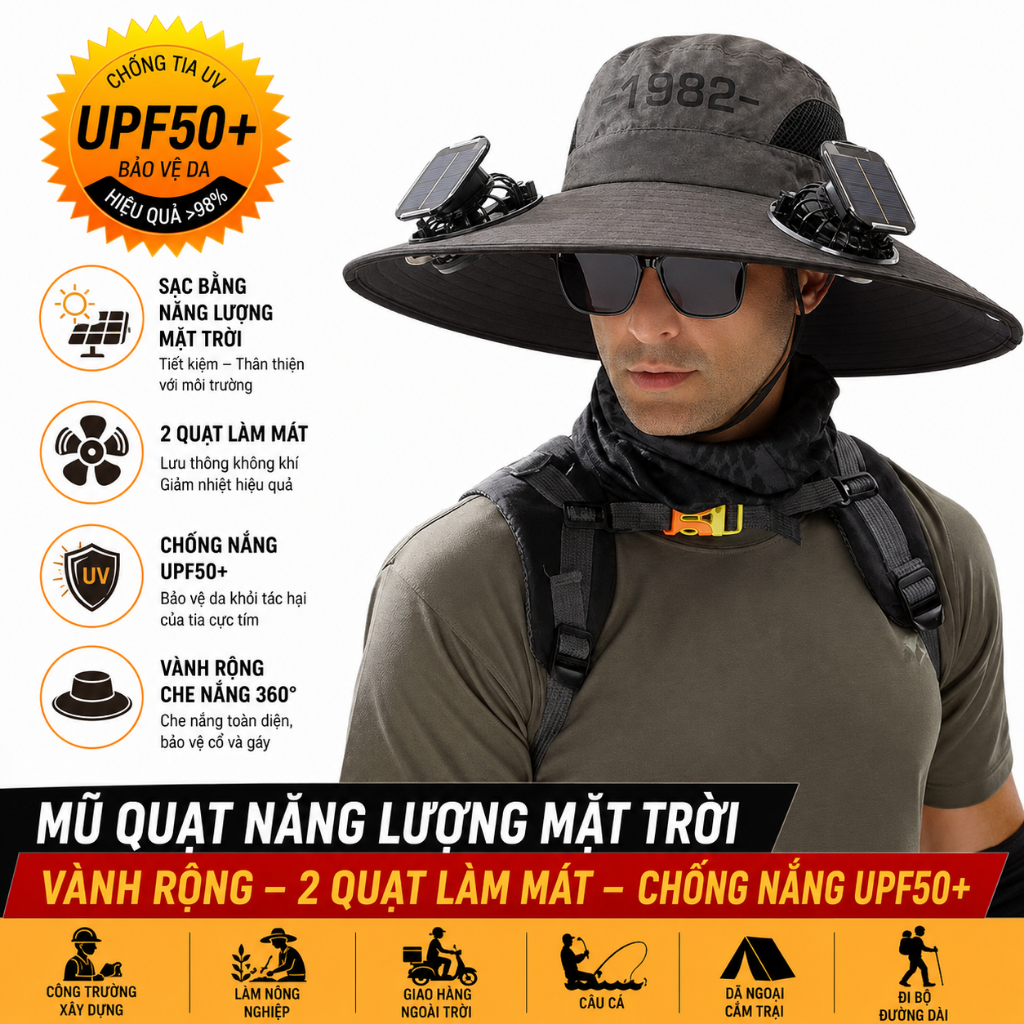 Mũ Quạt Năng Lượng Mặt Trời 2 Quạt Làm Mát|Mũ Chống Nắng UPF50+|Vành Rộng 360°|Chống Thấm Nước