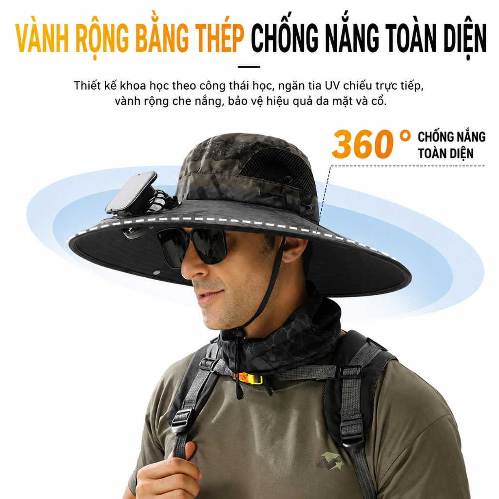 Mũ Quạt Năng Lượng Mặt Trời 2 Quạt Làm Mát|Mũ Chống Nắng UPF50+|Vành Rộng 360°|Chống Thấm Nước
