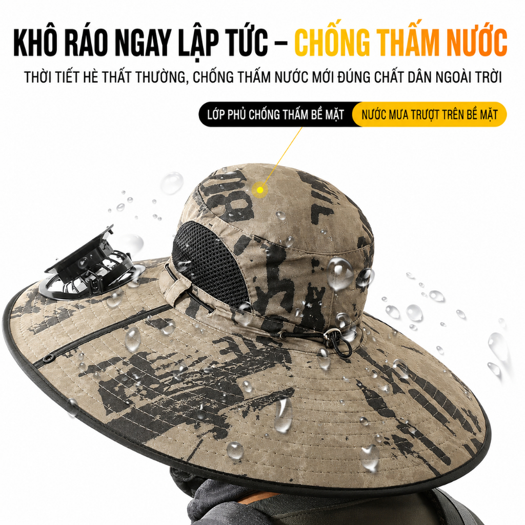 Mũ Quạt Năng Lượng Mặt Trời 2 Quạt Làm Mát|Mũ Chống Nắng UPF50+|Vành Rộng 360°|Chống Thấm Nước