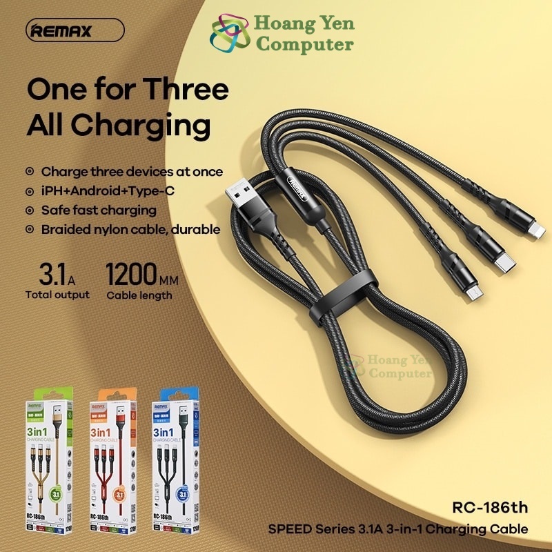 Cáp Sạc Đa Năng Remax RC-186th 3.1A 3 Đầu Tiện Lợi Sạc Nhiều Thiết Bị Cùng Lúc - BH 6 Tháng - Hoangyencomputer