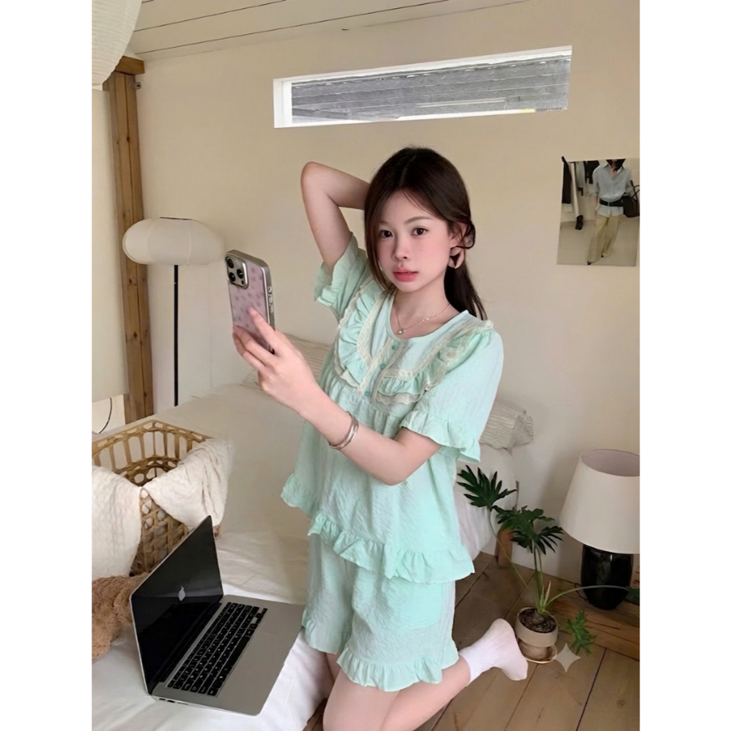 [40-60kg] Bộ Pijama Nữ Kiểu Dáng Hàn Quốc, Đồ Bộ Mặc Nhà Áo Bèo Phối Ren Xinh Xắn, Thoáng Mát CC07